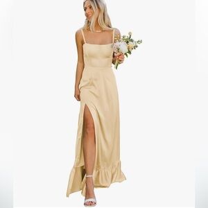 Spaghetti Strap Bridesmaid Dresses, Long Satin Ruffle Formal Dress with Slit